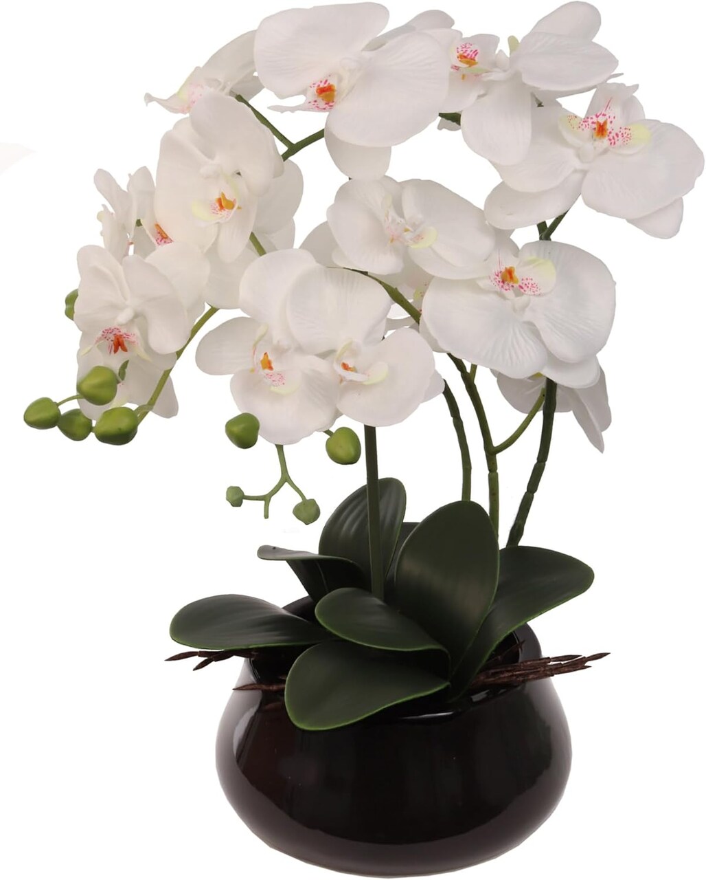 2-Pack White Phalaenopsis Orchid | Elegant Faux Orchids in 7" Black Pots – Lifelike Decor for Home & Office